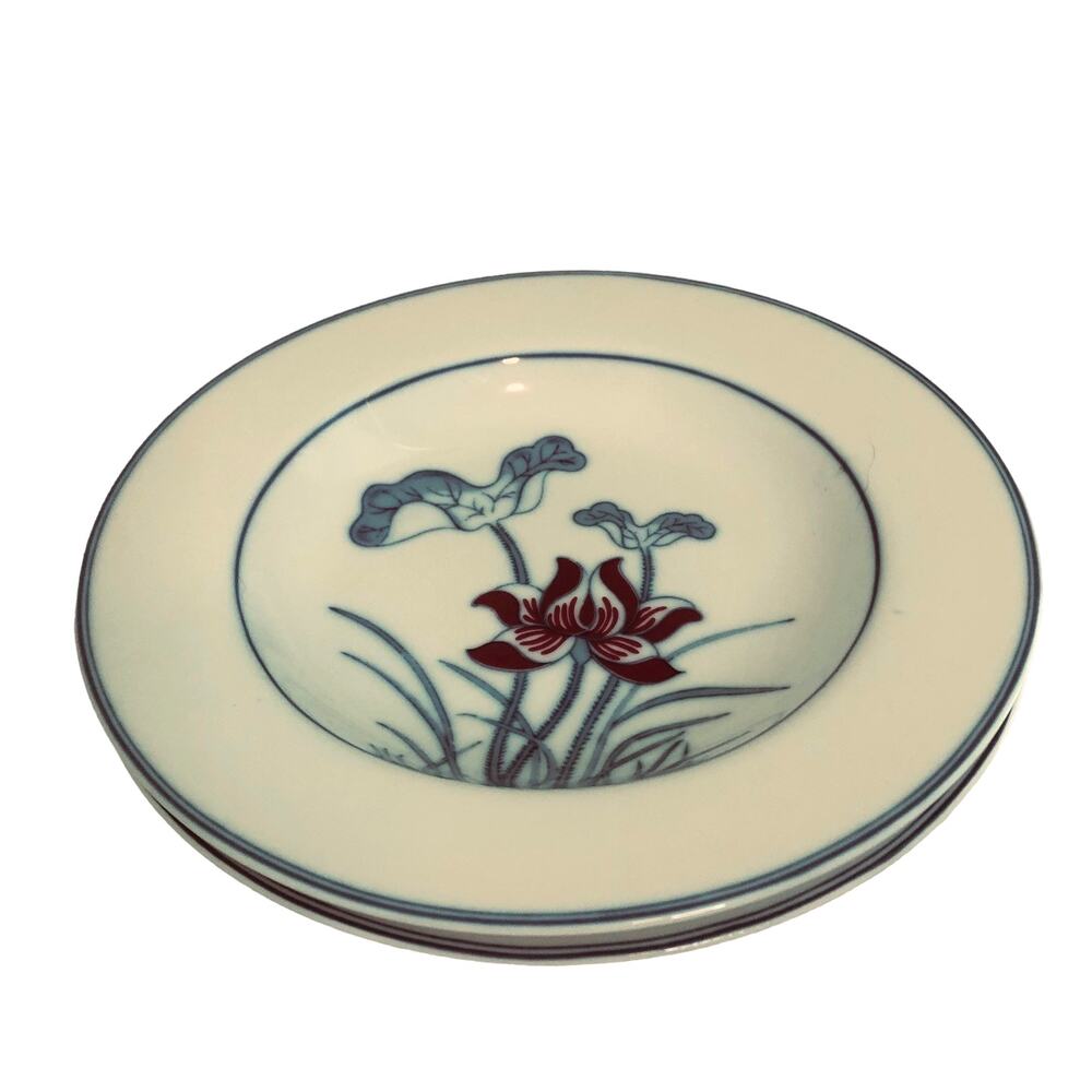 Fitz & Floyd Lotus Bleu Rim Soup Bowls Set of 2 Japan 8.5" Diameter Blue Red